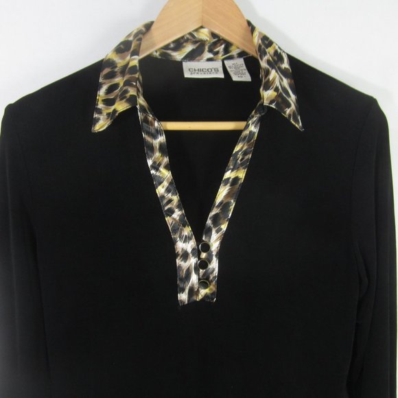 Chicos 1 Travelers Womens Medium Black Animal Print LS Stretch Knit Shirt Top - Picture 2 of 6
